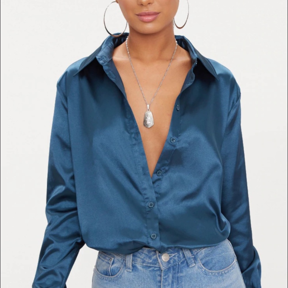 teal satin button down shirt